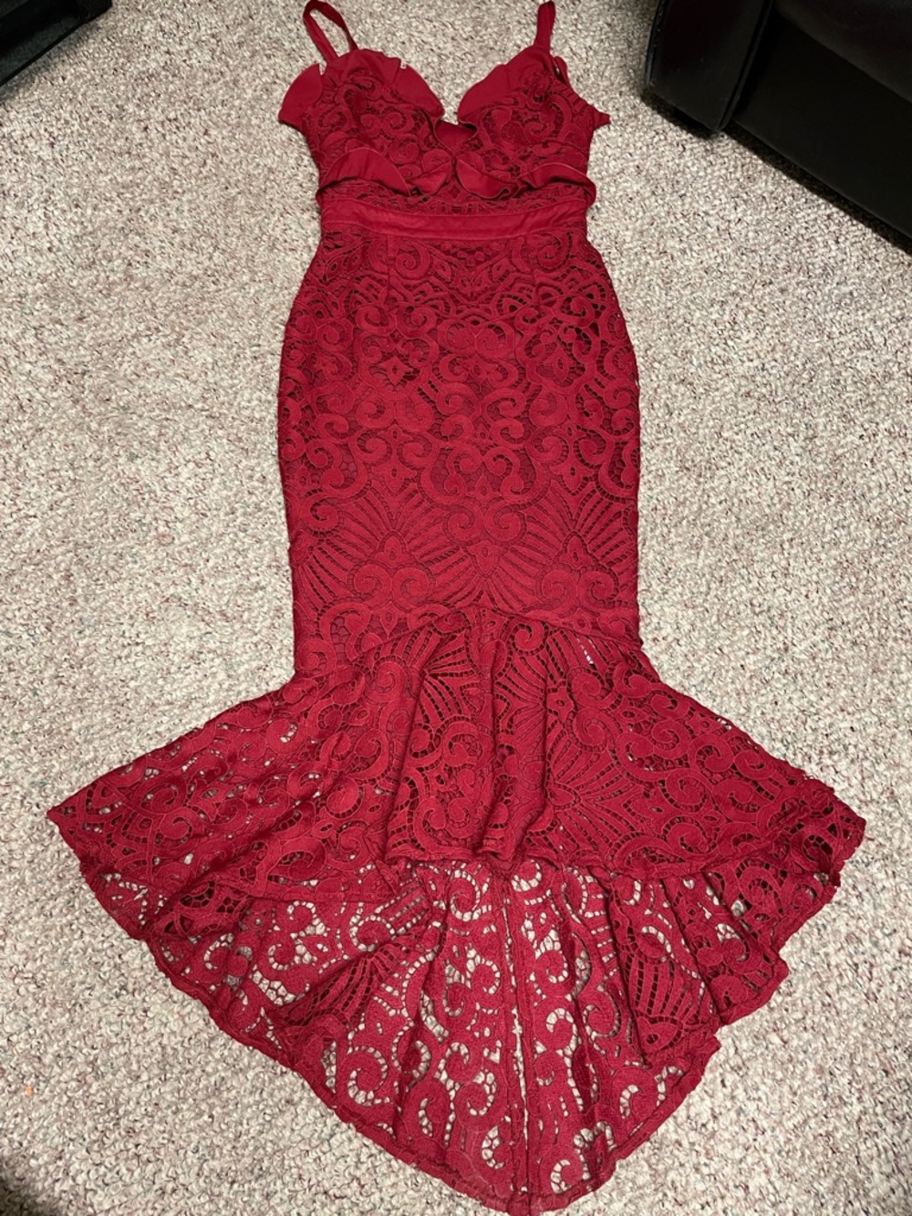 Two sisters Red Lace Mermaid Dress with asymmetrical hem